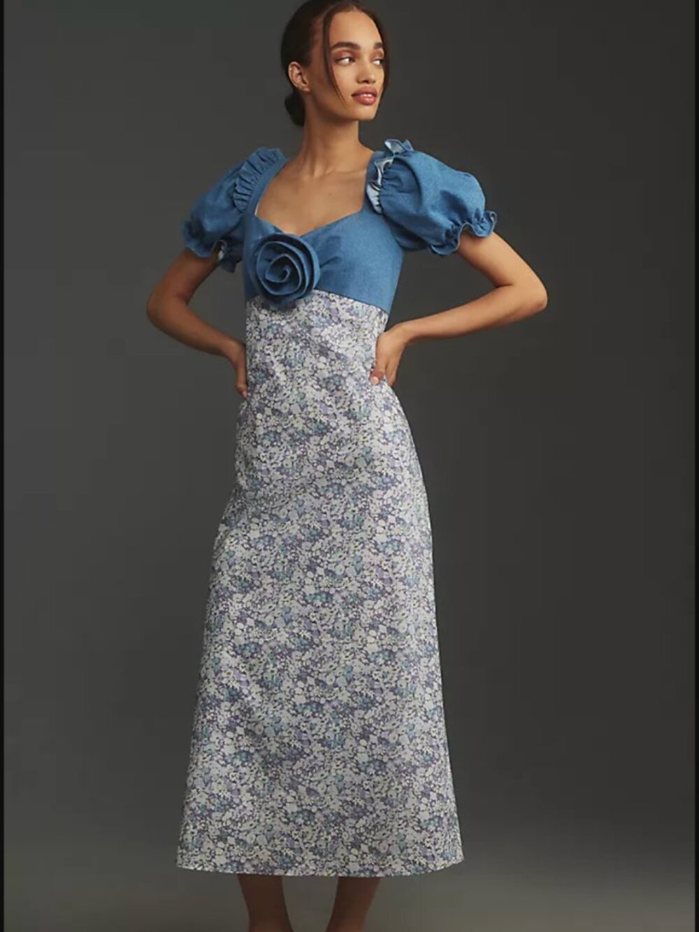 English Factory Short-Sleeve Denim Rosette Midi Dress Size Medium